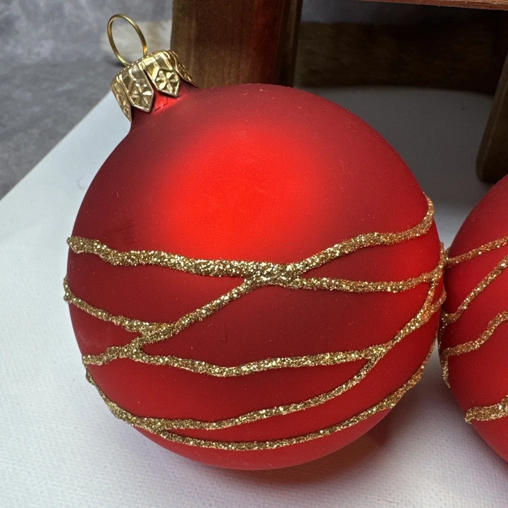 2 VTG Mouth Blown Hand Painted Matte Red Glass w Gold Glitter 3.5